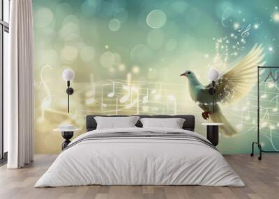 Abstract wave dove silhouette musical notes and shining lights, colorful bright light effect Wall mural