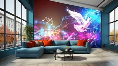 Abstract wave dove silhouette musical notes and shining lights, colorful bright light effect Wall mural