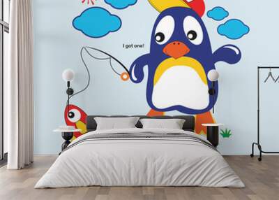 cute penguin is fishing outdoors design cartoon vector illustration Wall mural