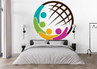 Earth and family symbol or icon, Globe icon design template, Vector world and people logo combination.  Wall mural