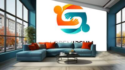 Handshake logo with globe design template, letter S logo and people hug icon Wall mural