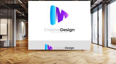 Play logo and letter M design combination, audio icons, blue color Wall mural