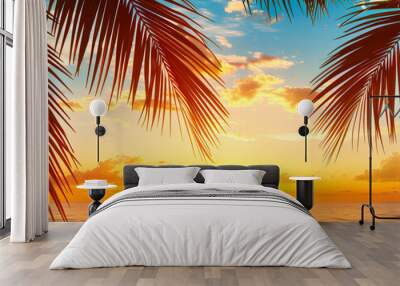 Barbados Beach at Sunset with Palm Trees and Twilight Sky, Perfect for Tropical Night Outs Wall mural