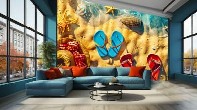 Colorful Summer Beach Scene with Flip Flops and Starfish on Sandy Shores, Perfect for a Vibrant Holiday Wall mural