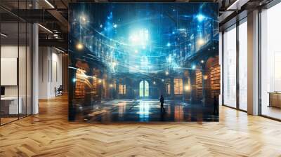 Deserted digital library with floating algorithms Wall mural