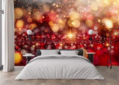 Golden Holiday Lights, Festive Bokeh and Sparkling Decoration on Black Background Wall mural