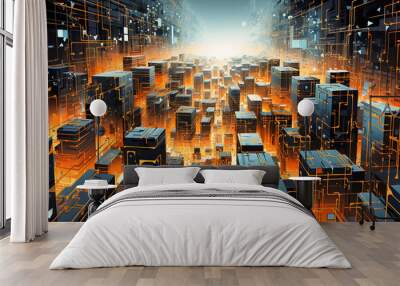 Labyrinth of firewalls in a sprawling digital cityscape Wall mural