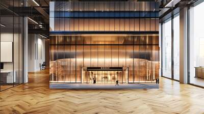 Modern Urban Facade, Sleek Office Building Exterior at Night, Illuminated Downtown Architecture and Busy Street Wall mural