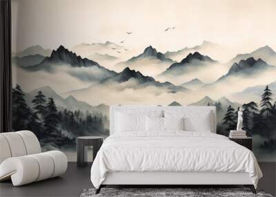 Monochromatic Ink Washes Creating Mountain Landscapes, Wall mural