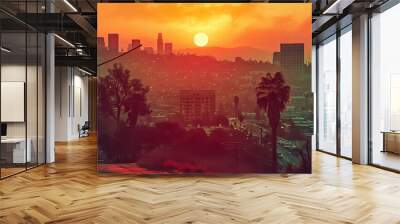 Scenic Sunset View Over Los Angeles, Vibrant Skyline with Mountains, Urban Landscape and Travel Wall mural