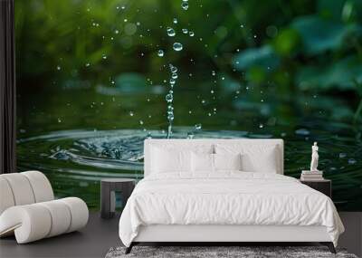 A close-up of a water droplet splashing into a pond Wall mural