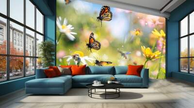 A close-up of bees and butterflies pollinating flowers Wall mural