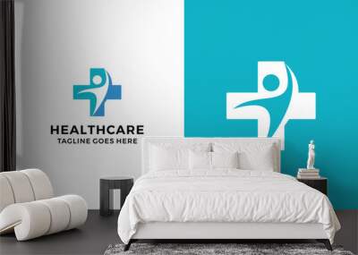 Happy healthcare medical cross logo design vector illustration  Wall mural