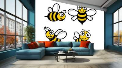 set a cute bee mascot logo, vector cartoon insect cute character, bee fly, template icon Wall mural