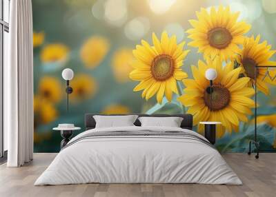 A close-up of four bright yellow sunflowers in a field with blurred background. Wall mural