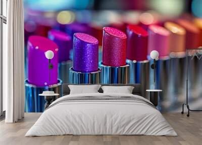 A close-up shot of lipstick tubes, showcasing vibrant colors and sleek metallic casings. Wall mural