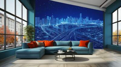 A futuristic cityscape with a network of interconnected roads and buildings, illuminated in a blue hue against a starry night sky. Wall mural