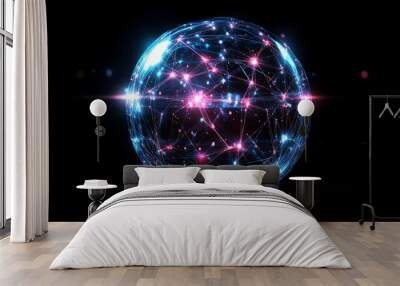 A glowing sphere of pink and blue lines and points of light on a black background. Wall mural