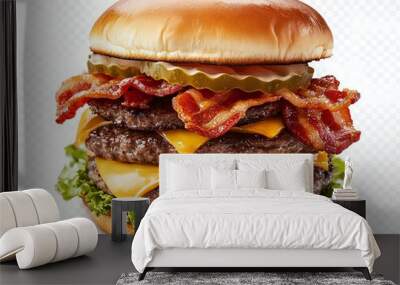 A juicy double cheeseburger with bacon and pickles. Wall mural