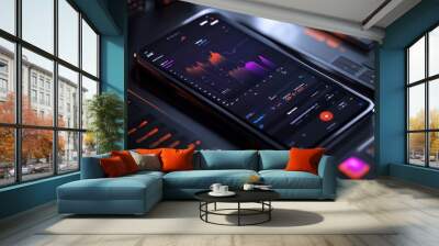 A modern smartphone with a dark mode interface displaying a graph and other data. Wall mural