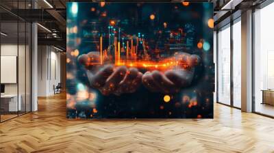 A pair of hands holding a glowing graph with red and orange lines and data, representing growth and success. Wall mural