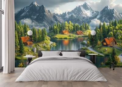 A picturesque mountain lake with cabins nestled amongst lush green trees. Wall mural