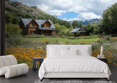 A rustic wooden cabin with a large garden in full bloom, with mountains in the distance. Wall mural