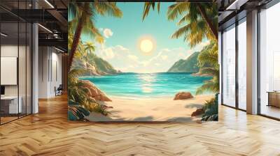 A scenic view of a tropical beach with palm trees, crystal clear water, and a bright sun in the sky. Wall mural