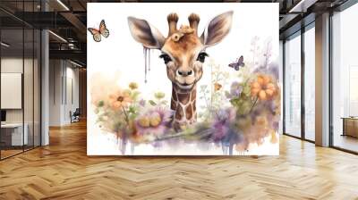 A watercolor illustration of a cute baby giraffe with a butterfly on its head, surrounded by flowers. Wall mural