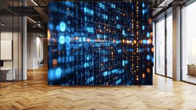 Abstract binary code background with glowing blue and orange lights. Wall mural