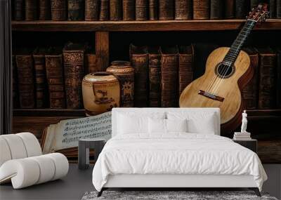 An open music book lies on a wooden table in front of a classical guitar, two decorative jars, and a shelf full of antique books. Wall mural