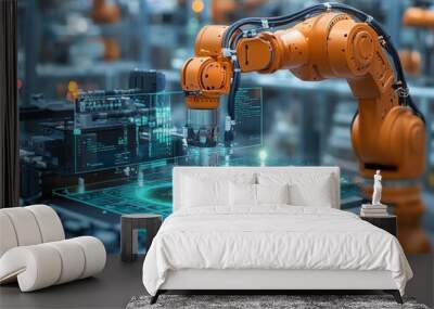 An orange robotic arm with a digital interface is working in a factory setting. Wall mural