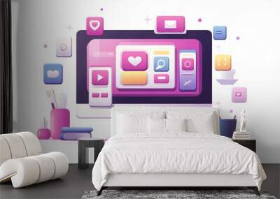 Computer with pink user interface design and icons on screen. Wall mural