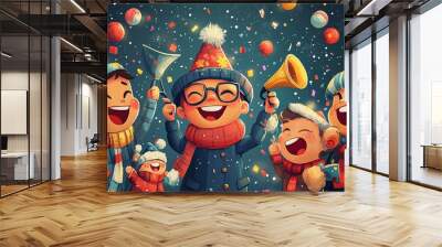 Five cartoon children wearing winter clothes and hats are celebrating with confetti and noisemakers.  They are all smiling and having fun. Wall mural