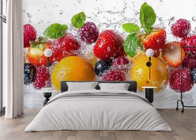 Fresh fruit and berries splashing in water on a white background. Wall mural