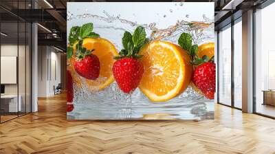 Fresh orange and strawberry slices splashing in water. Wall mural