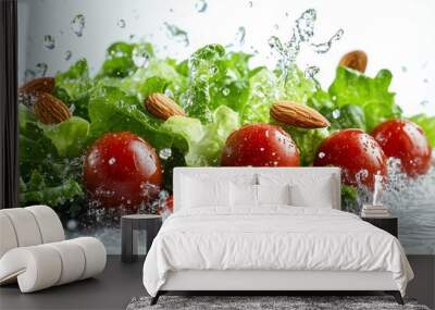 Fresh salad with cherry tomatoes, lettuce, and almonds in water splash. Wall mural