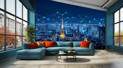 Illuminated skyscrapers and network connections above a nighttime city skyline. Wall mural