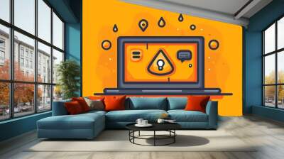 Laptop with a light bulb inside a triangle, location pin, and speech bubble. Wall mural