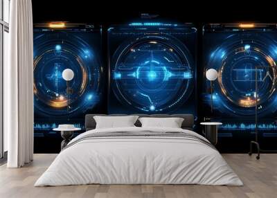 Three futuristic interfaces with blue and orange glowing circles and lines. Wall mural