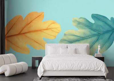 Two delicate leaves with intricate veins on a light blue background. Wall mural