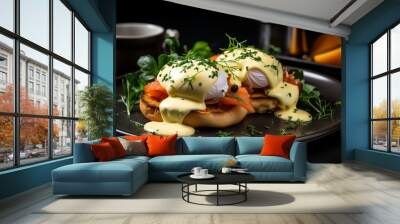 Two eggs benedict with smoked salmon, hollandaise sauce and fresh herbs on a dark plate. Wall mural