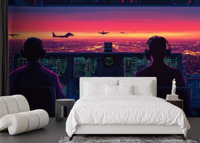 Two pilots in the cockpit of an airplane at sunset, looking out the window at a city skyline. Wall mural