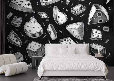 Hand drawn black and white cheese pieces illustration. Wall mural