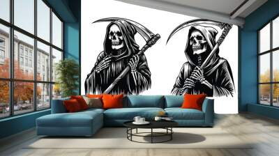 grim reaper skull holding a scythe. black and white hand drawn grim reaper illustration Wall mural