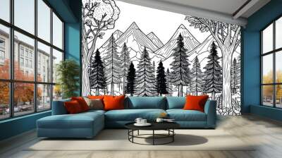 hand drawn mountain and tree coloring book illustration. black and white mountain outline illustration Wall mural