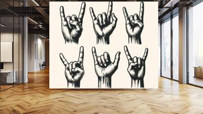 Vintage engraving isolated hand rock sign set ink sketch. devil horn sign illustration Wall mural