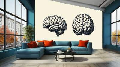 vintage human brain illustration. hand drawn barbershop tools isolated background Wall mural