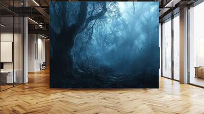 A dark and mysterious forest path shrouded in fog. Wall mural