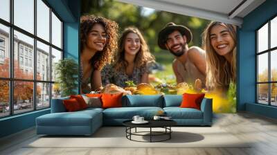 A diverse group of friends laughing together at a picnic in the park Wall mural